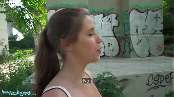 Public Agent attractive young brunette Belgian tourist with natural big tits and blue eyes accepts cash to take a huge cock inside her mouth and shaved pussy outdoors in public