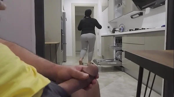 Stepmom caught me jerking off while watching her big ass in the Kitchen.