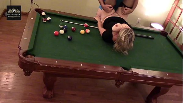 Hot MILF wife gets a hard handling on pool table. Huge tits rocking.