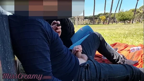 French Teacher Handjob Amateur on public park to student with Cumshot - MissCreamy