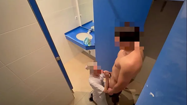 I surprise the gym cleaning girl who when she comes in to clean the toilet she catches me jerking off and helps me finish cumming with a blowjob