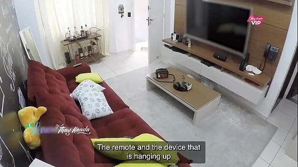 Hot wife welcomes the TV technician in a very provocative outfit and lets him cum on her - with English subtitles