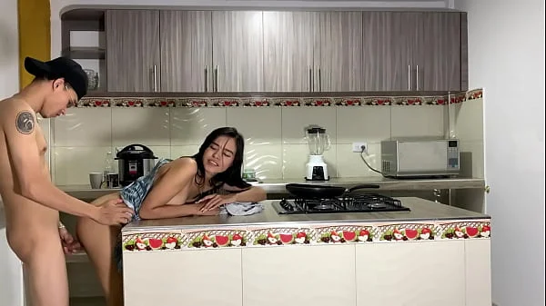 Passionate sex in the kitchen and a lot of cum at the end