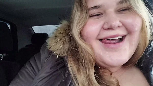 Huge facial of a cute BBW blonde with big breasts in inclement weather