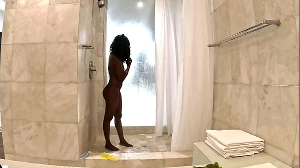 Sexy Black Milf takes a hot steamy shower with white sugar daddy at his penthouse