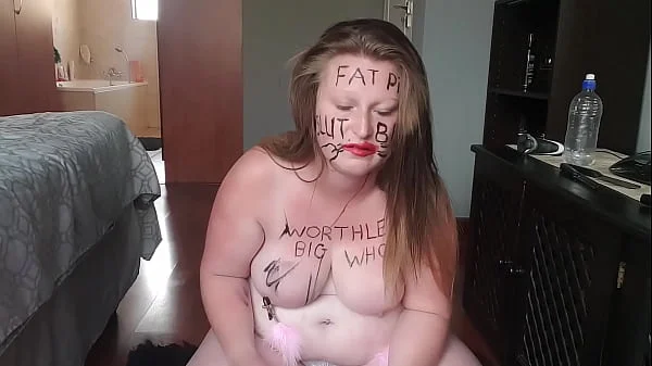 Big fat worthless pig degrading herself | body writing |hair pulling | self slapping