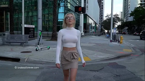 Braless walk down the street