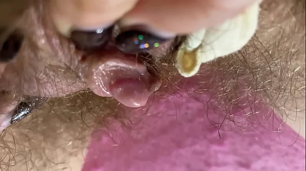 Extreme Closeup Big clit Rubbing orgasm wet hairy pussy